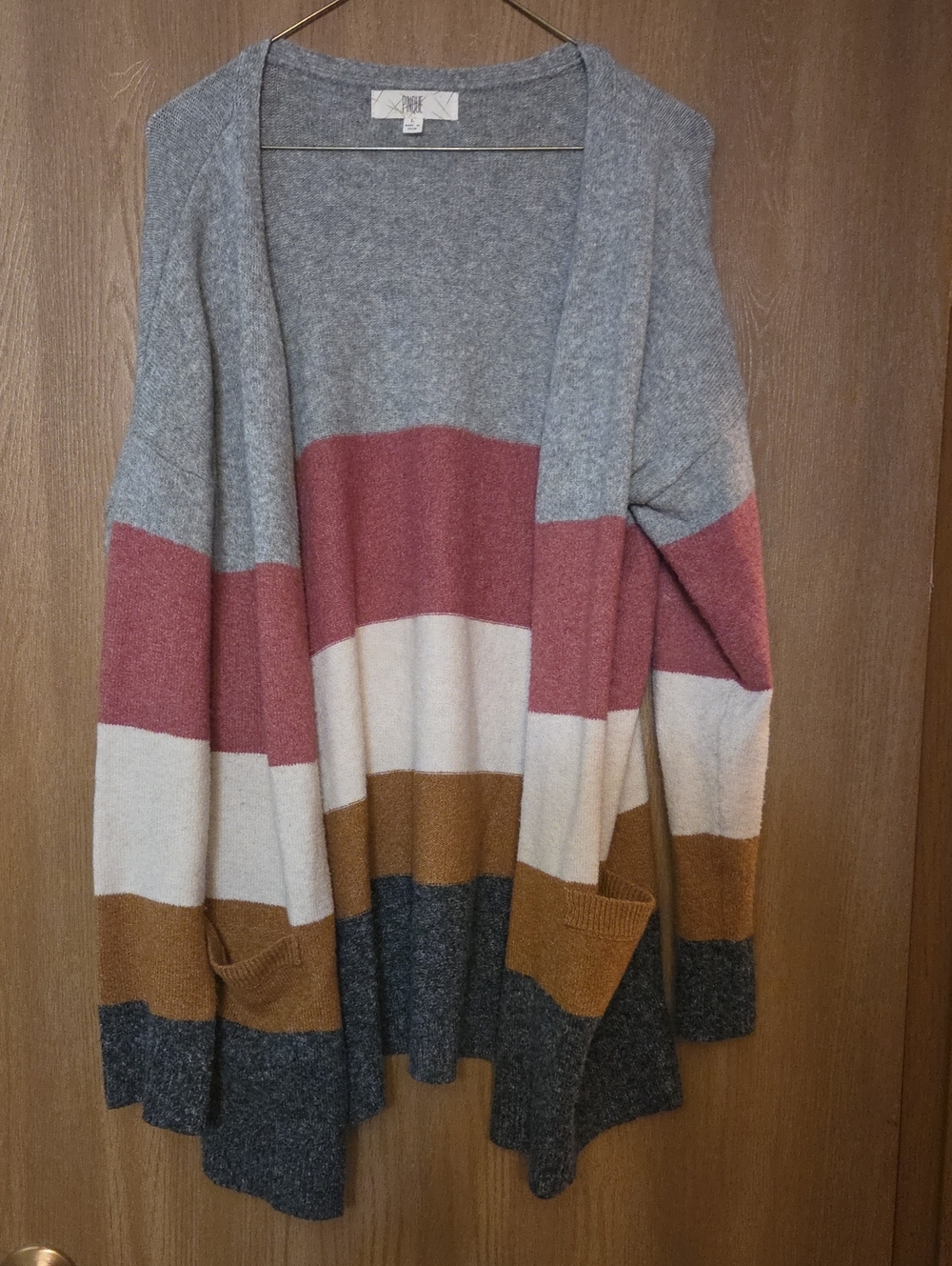 Open-Front Striped Cardigan Sweater in Gray, Rose, Cream & Brown